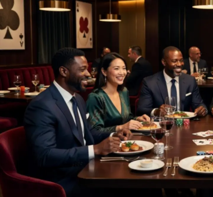 Гости, които се наслаждават на вечеря и покер в Card Night Kitchen