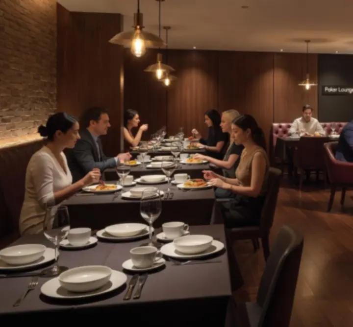 Модерен интериор на Card Night Kitchen с комбиниран ресторант и покер маси