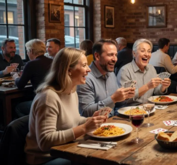 Гости, които се наслаждават на вечеря и покер в Card Night Kitchen